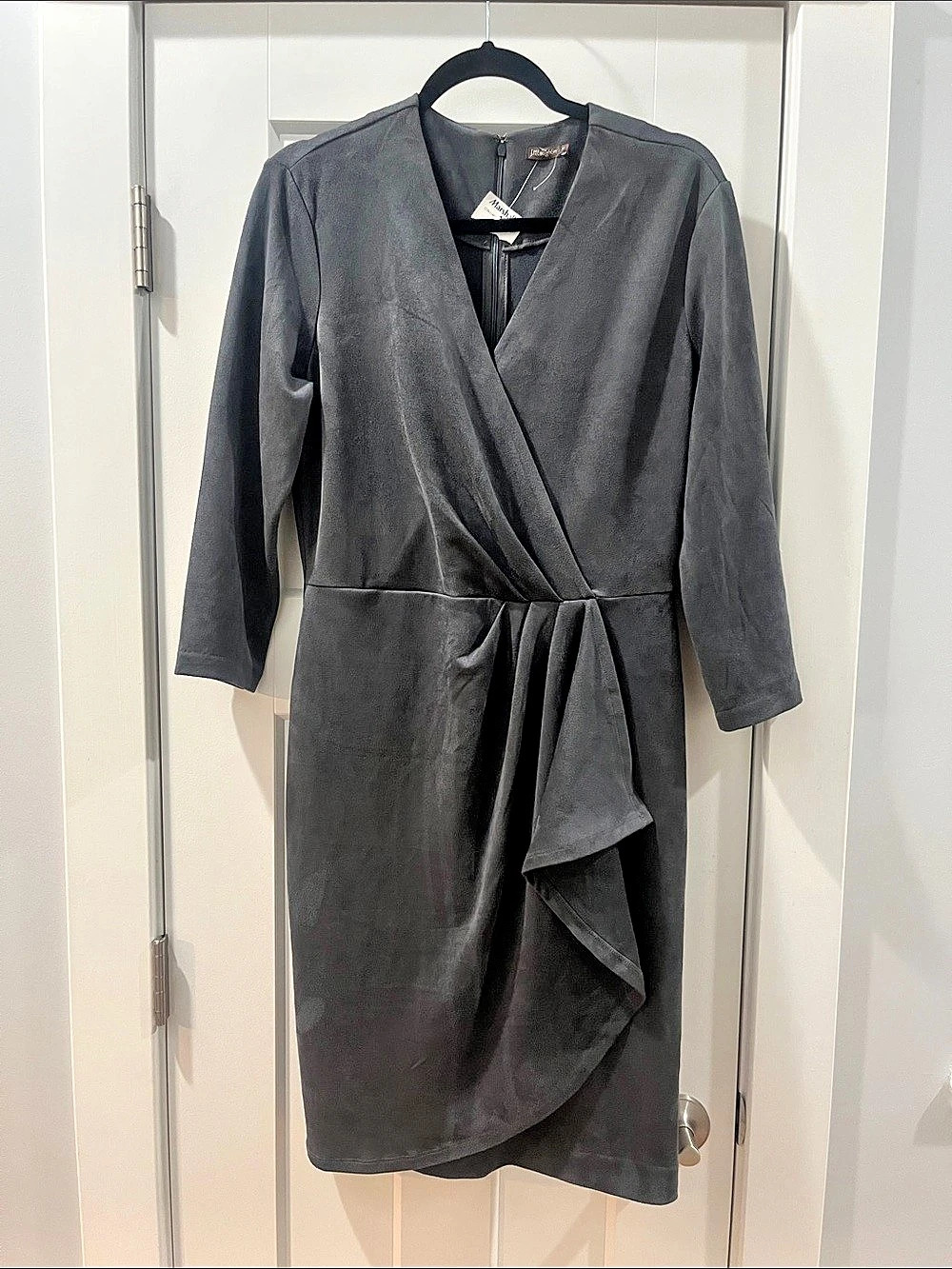 J. McLaughlin Neville Faux Suede Wrap Dress Gray Sheath 3/4 Sleeve Medium NWT
